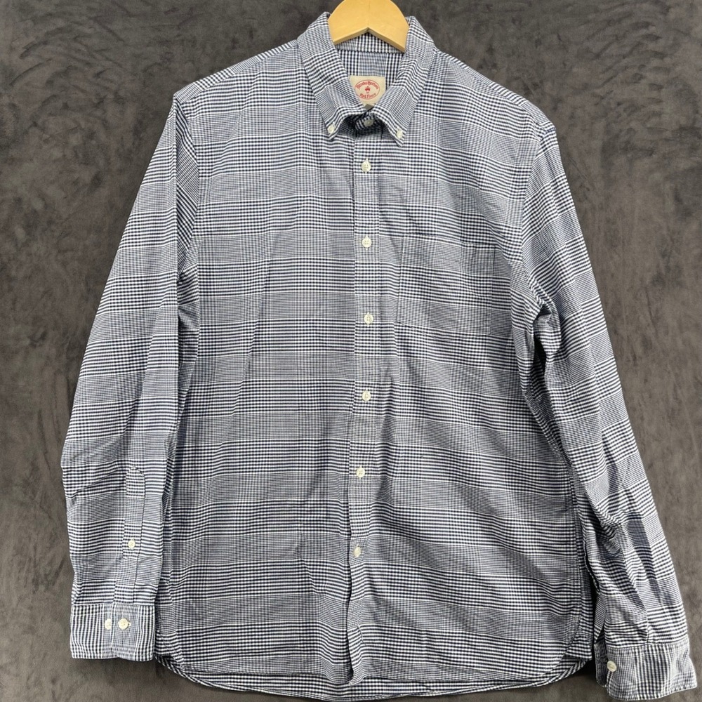 Brooks Brothers Red Fleece Mens Navy Blue White Micro Check Button Down Shirt L